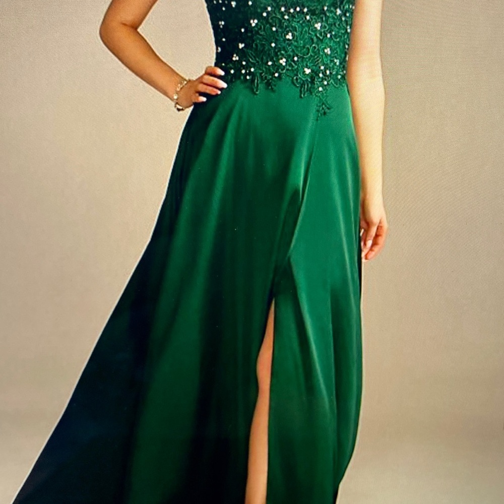 Green gown with lace back.